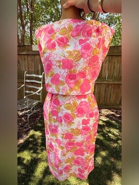 Vintage Leslie Fay Original Pink Rose Floral Dress & Jacket Set